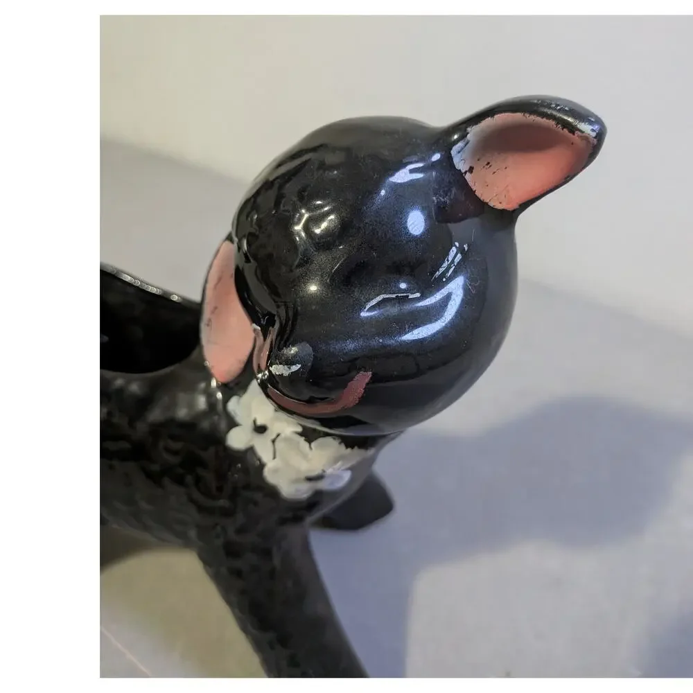Vintage 1950s Black Lamb Ceramic Planter Kitsch Sheep Pot - AS IS / Worn